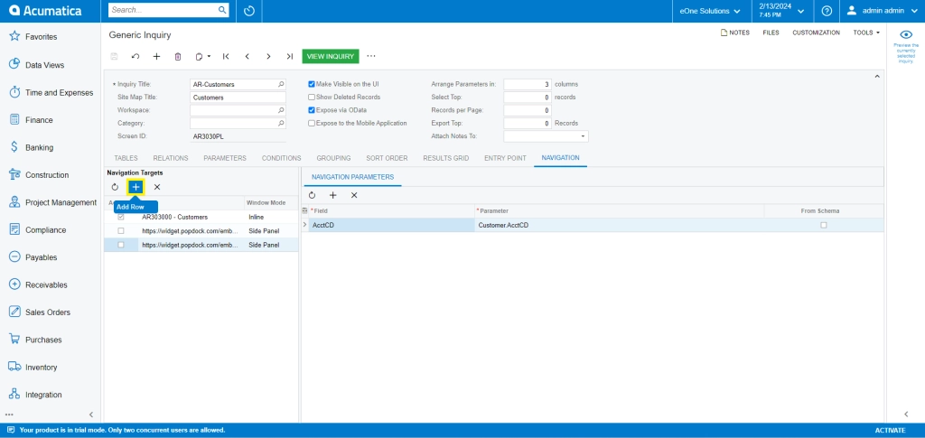 Embedding a Widget into a Generic Inquiry in Acumatica 8 Screenshot 2024 02 13 134528